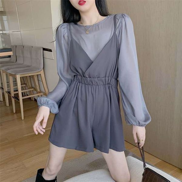 

autumn 2020 new age reduction style long sleeve round neck women's fashion suspender jumpsuit sling jacket coat jhf23, Gray