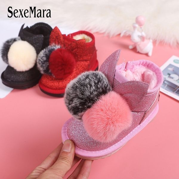 

warm baby boots for girls new arrival rabbit fur ball toddler boots baby girl cute bling infant snow boots newborns b10211 y200404, Black;grey
