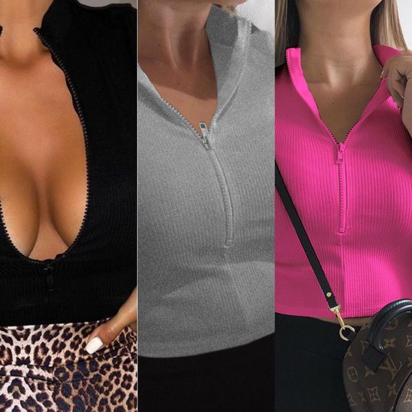 

ptulq new bust and navel revealing slim girl short sleeve t-shirt stand collar sports zipper t-shirt zipper, White