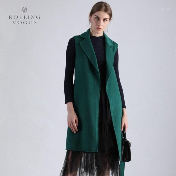 

new 2019 winter warm dark green long cashmere coat women woolen oat luxury wool blends streetwear sleeveless open stitch1, Black