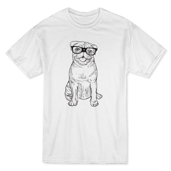 

happy hipster pug medium front sketch style graphic men's fashion short sleeve black t shirt casual tee shirt sport hooded sweatshirt h