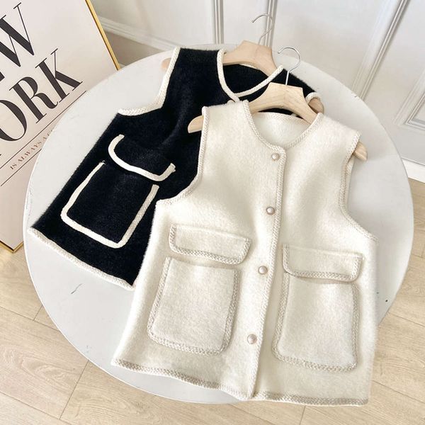 

k1013 korean women's clothing new v-neck single breasted two pocket woolen vt in autumn and winter of 2021, Black;white