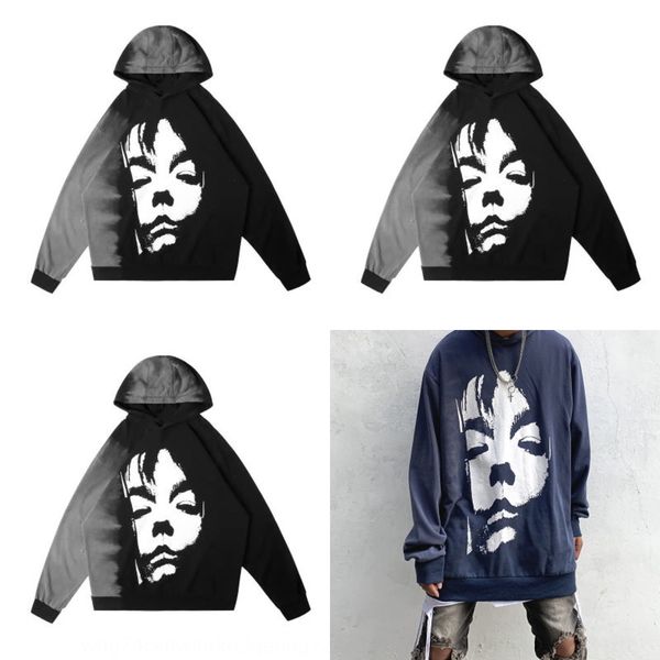

gradients portrait print hoodie men's niche design high street fashion brand dark bereavement lace up hoodie xzmky, Black