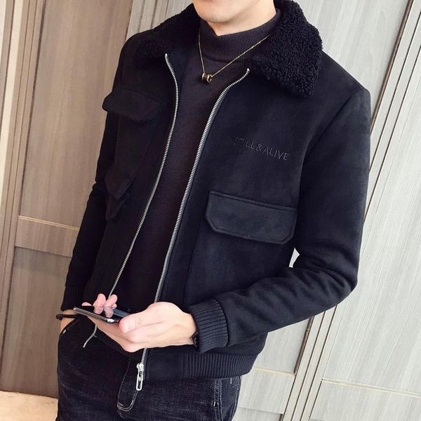

men's jackets mens winter suede cotton jacket fashion 2021 slim fit pocket embroidered outerwear streetwear casual warm short coats m-3, Black;brown
