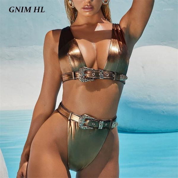 

gnim thong bikini swimwear women 2020 gold shiny brazilian swimsuit female summer beachwear bathing suit biquini with belt1, White;black