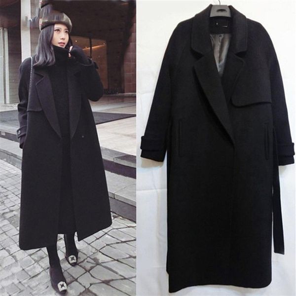 

women's clothingjackets coatswool & blends casual solid autumn women large long winter coat plus size wool coatx1020, Black