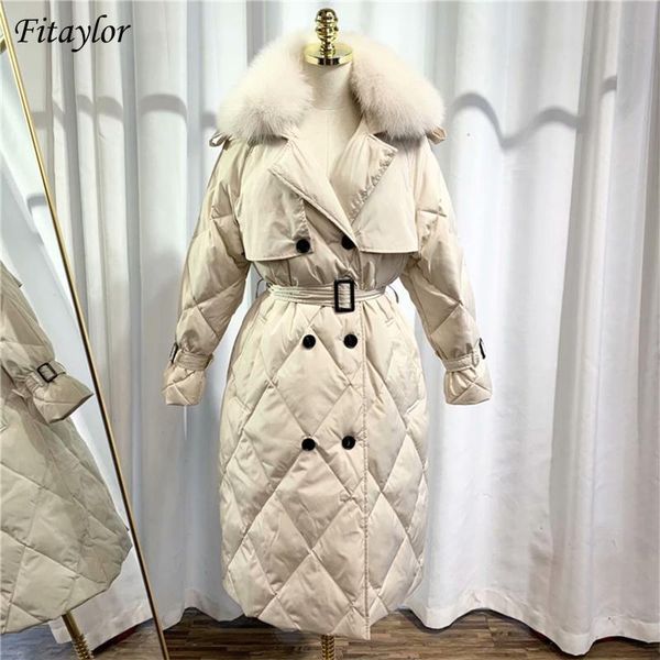 

winter large artificial fur long jacket 90% white duck parka women warm snow double breasted sash tie up down coat kg-81, Black