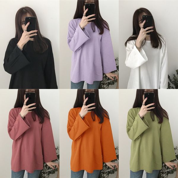 

long sleeve women's autumn and winter new korean fashion ins solid round neck student loose and versatile girl coat t-shirt long sle, White