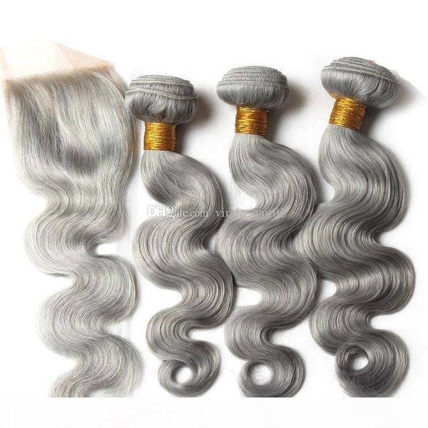 

grey body wave bundles with lace closure sliver grey hair weaves with lace closure bleached knots peruvian virgin hair, Black;brown