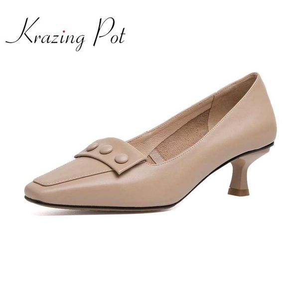 

krazing pot french romantic natural leather square toe med heel high street fashion young lady daily wear cozy women pumps l80, Black