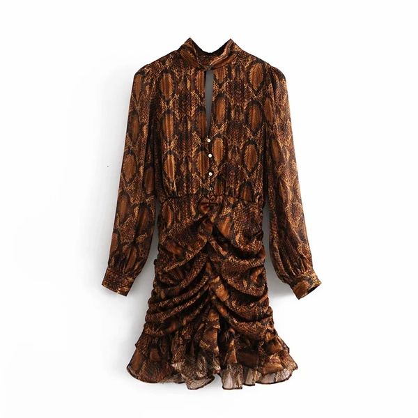 

2021 new vintage animal printed chiffon mini women high neck long sleeve ruched ruffle dress ladies front opening elegant dresses i1lf, Black;gray