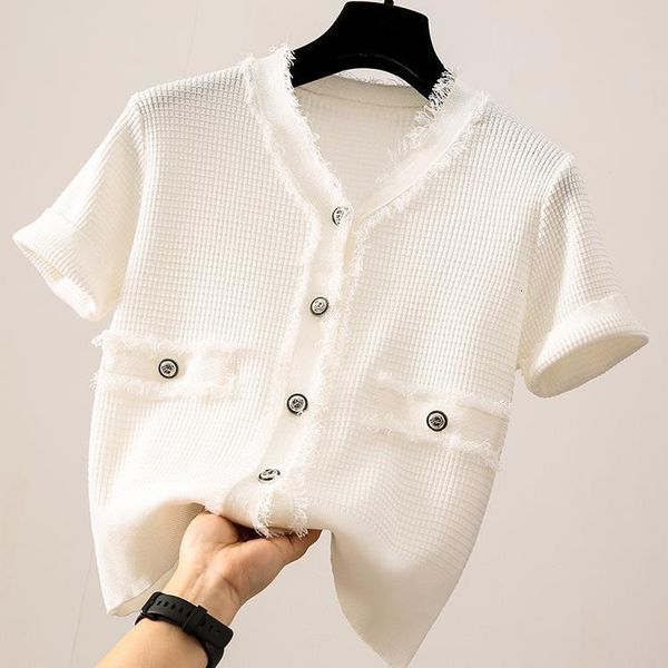 

elegant tassels buttons decoration knitted cardigan women v neck short sleeve ice silk loose crop thin short sweaters 2021, White;black