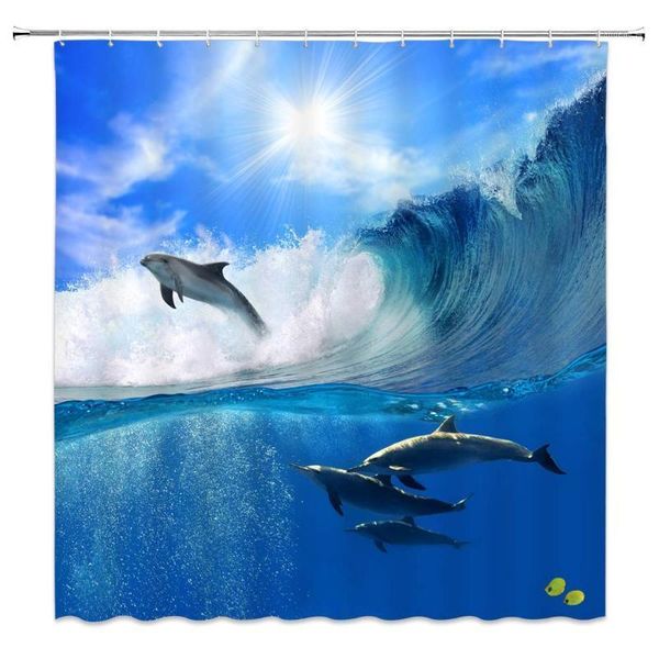 

sea dolphin shower curtain waves surfing ocean fish animal nice sun sky summer bathroom curtains polyester fabric waterproof 701
