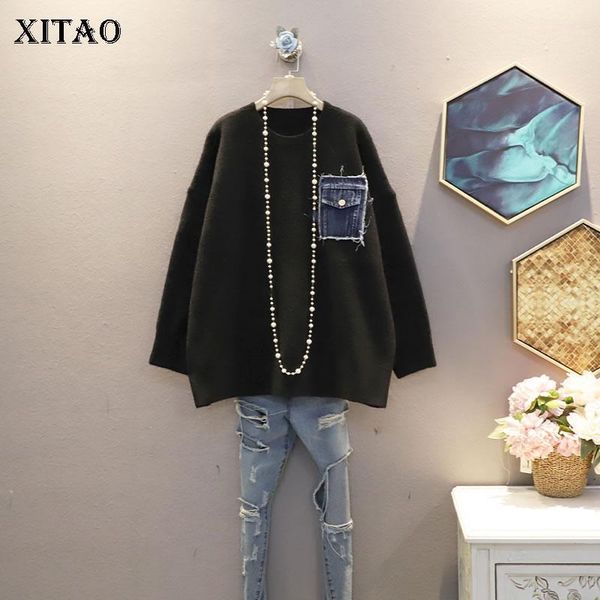 

xitao patchwork pocket solid sweater women 2020 winter casual fashion new style temperament all match women clothes zy31051, White;black