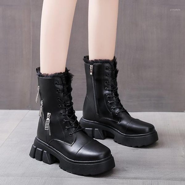 

boots rimocy fashion pu leather winter women height increasing chunky platform shoes woman metal zipper plush ankle snow boots1, Black