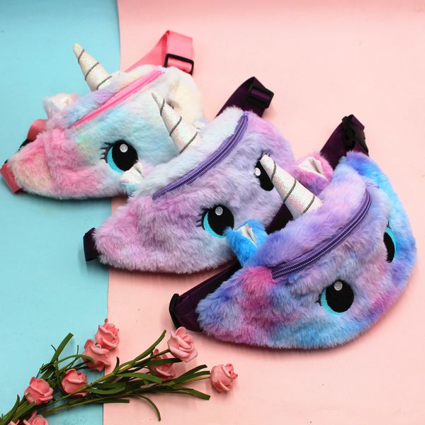 

rainbow unicorn plush fuzzy fanny pack waist bag cute accessories bum bag for kids girls (purple