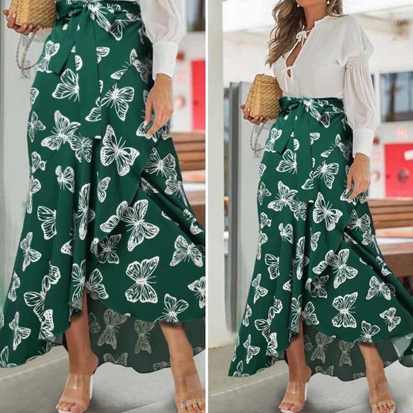 

bohemian maxi skirts for women celmia high waist ruffles long skirts butterfly printed belted casual loose party skirt femme 71, Black