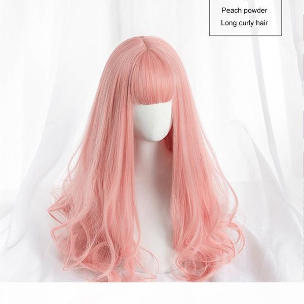 

pink synthetic wigs with bangs long womens hair curly mid part lolita descendants natural pastel ing, Black