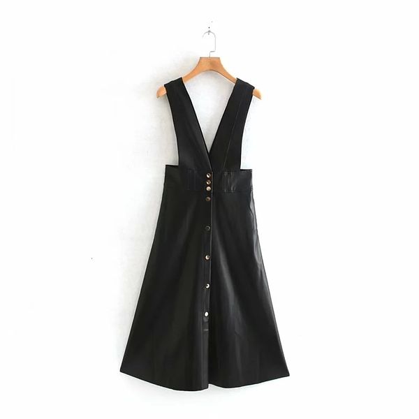 

2021 new women black faux leather woman v-neck sleeveless a-line midi dress vintage spaghetti strap ladies dresses yxpu, Black;gray