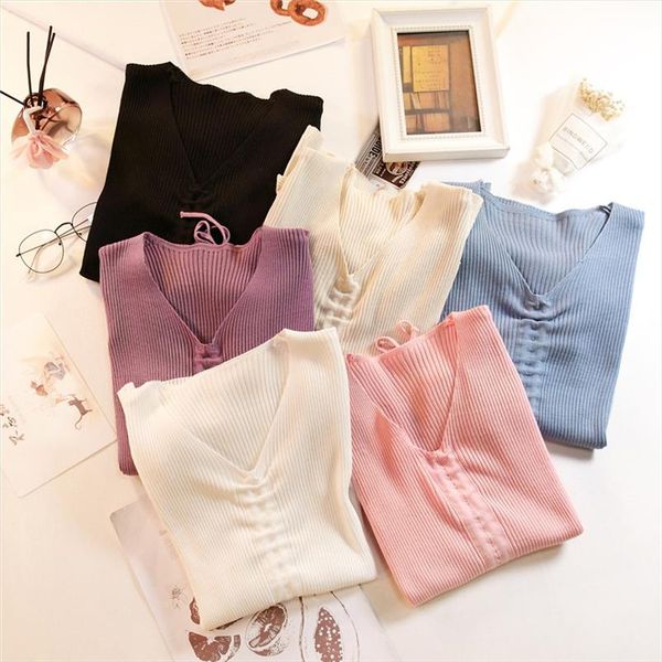 

new women knitted v neck full sleeve draw string sweaters pullovers female knitting soft sweater for female autumn winter, White;black