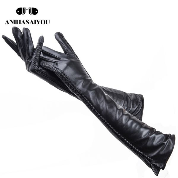 

winter 50cm long leather gloves,100% sheepskin women' leather gloves,cold protection women' winter gloves -2182 220112, Blue;gray