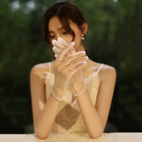 

2020 clothing accessories transparent mesh gloves thin plain short hidden black and white sleeves s027 temperament women, Blue;gray