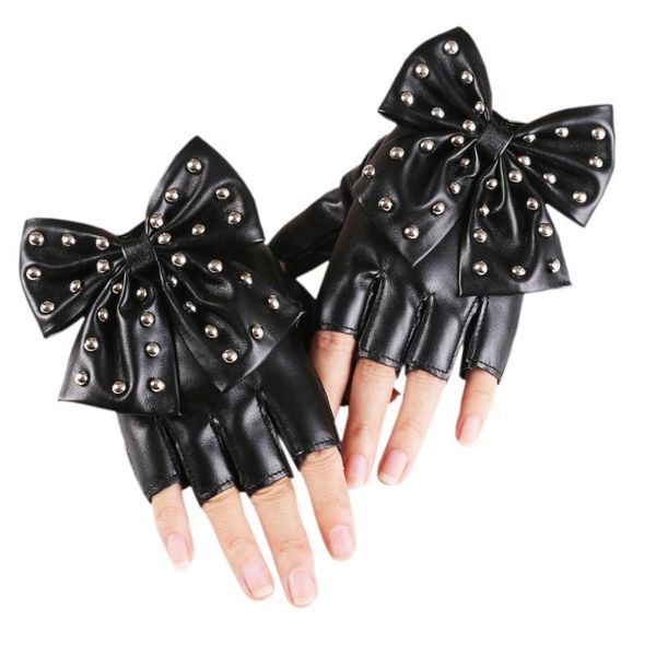

five fingers gloves women bowknot rivet stage performance leather half finger fashion personality female nightclub hip hop, Blue;gray