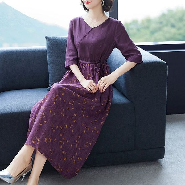 

ramie 2020 summer new korean v-neck cotton flax waist tie shows thin broken flowers dress dress medium length n1rz2, Black;gray