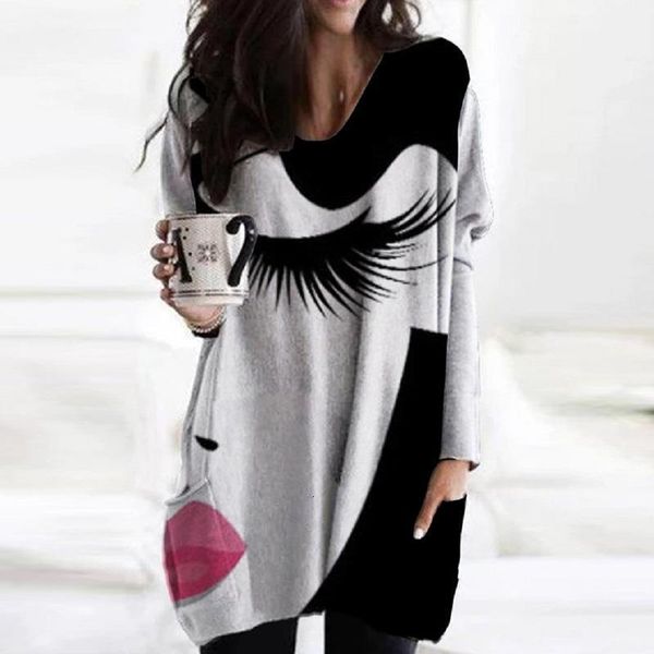 

elegant women abstract face print blouse shirt autumn long sleeve pockets irregular ladies casual v neck female shirt blusa, White