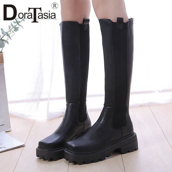 

boots doratasia brand fladies platform knee high fashion square toe women 2021 party pffice chunky heels shoes woman, Black