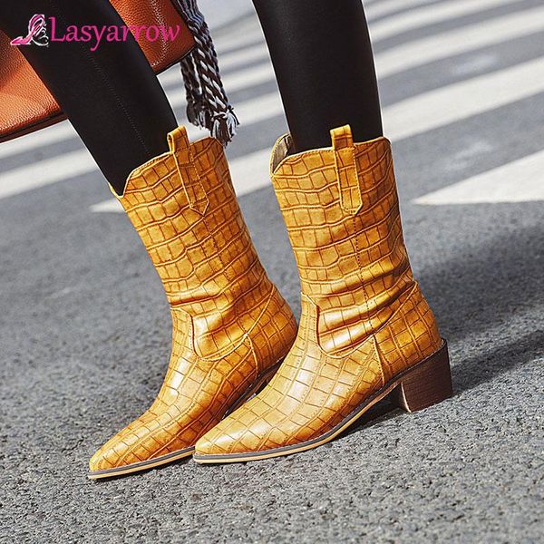 

lasyarrow plus size 34-47 new brand women mid calf boots stone pattern winter shoes women fashion slip-on warm fur footwear, Black