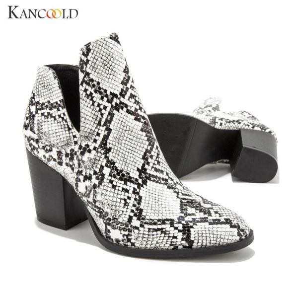 

kancoold print snake pu women ankle boots zip pointed toe footwear thick high heels shoes women 2020 snakeskin bootie shoes, Black