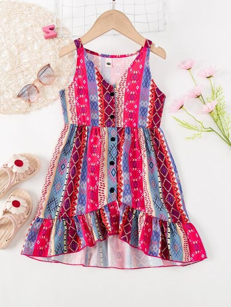 Kleinkind-Mädchen-Kleid mit Geo-Print und hohem, niedrigem Rüschensaum