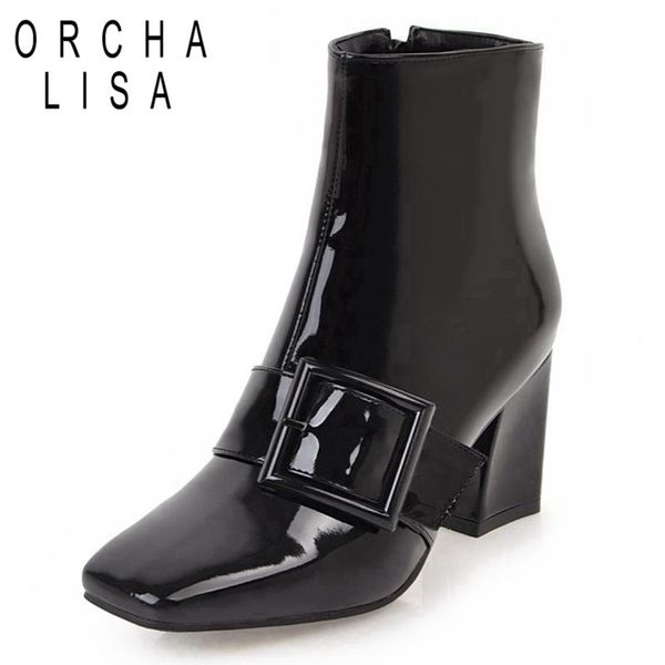 

orcha lisa ladies pu boots high heels ankle boots causal winter snow buckle black square toe size34-43 shoes zipper c622