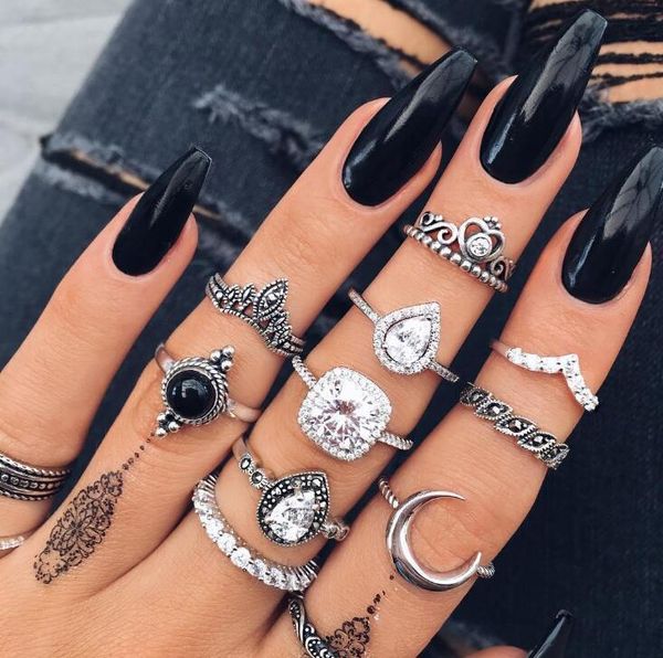 

vintage black hollow crown rhinestone set drop moon geometric leaf ring 10-piece setfor female gifts whosale