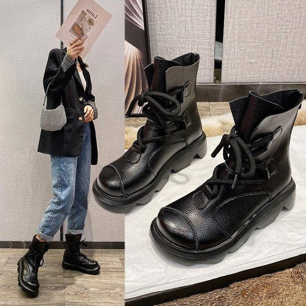 

2020 women winter mid-calf boots fashion classic women's short boots cool leather lace-up round toe chunky shoes botas de mujer, Black