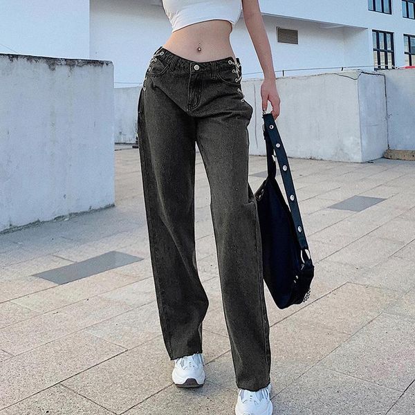 

2020 women jeans solid color high waist side hollow out pants denim for women costume denim pants ladies trousers clubwear, Black;white