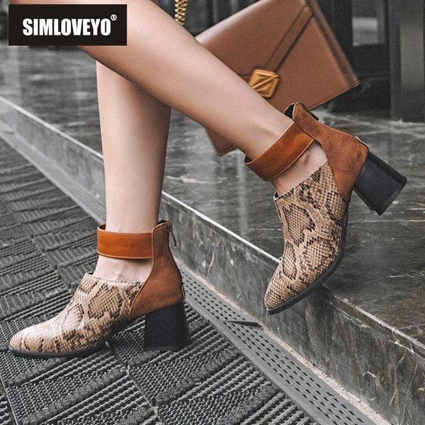 

boots simloveyo shoes women ankle pointed toe flock snakeskin zipper buckle strap thick high heels large size 48 black botas