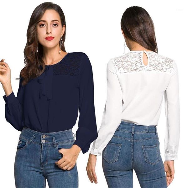 

women's blouses & shirts 2021 autumn lace spliced chiffon fashion1, White