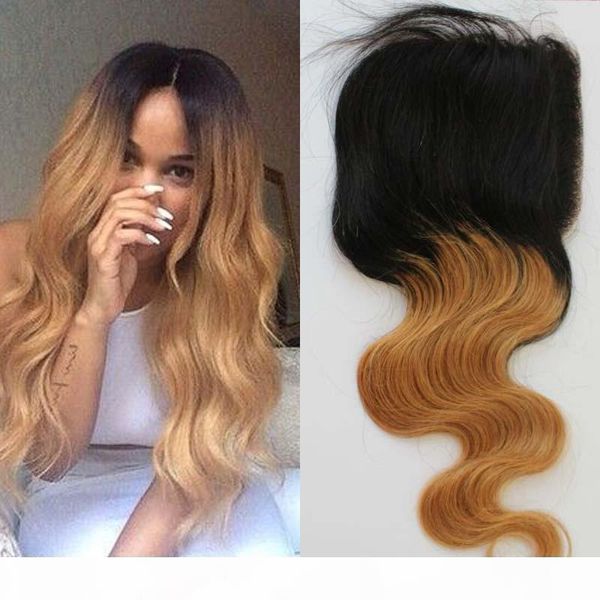 

ombre color 1b 27# blonde human hair lace closure with dark roots 130% density brazilian hair blonde lace closures with baby hair, Black;brown
