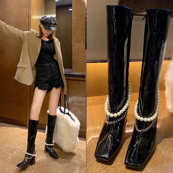 

2020 new pearl chain patent leather boots women's square toe but knee high heel thick heel knight boots, Black