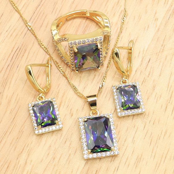 

geometric gold color jewelry sets for women rainbow zircon earrings necklace pendant open rings adjustable gift box