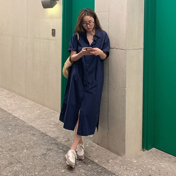 

новое лето 2020 южная корея длинная юбка shirtshirt shirteast ворота потерять длинное платье y4jet случайный темперамент рубашки женщин, Black;gray