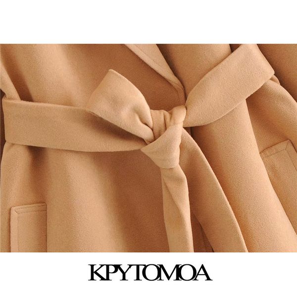 

kpytomoa women 2020 fashion with belt side pockets woolen coat vintage long sleeve back vents female outerwear chic overcoat q1219, Black