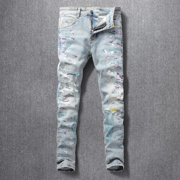 

2021 new american streetwear fashion men retro light blue paint designer ripped jeans slim fit elastic patches hip hop pants hombre hm2q