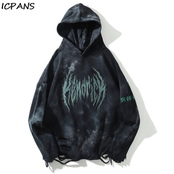 

icpans destroyed ripped hooded sweatshirt hoodies hip hop streetwear punk rock hipster men fashion pullover hoodie 1019, Black