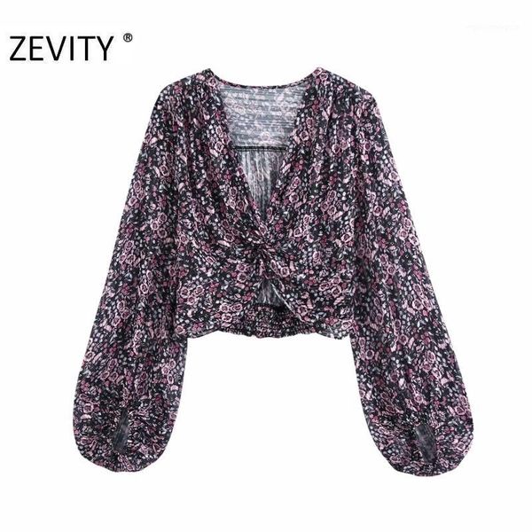 

women's blouses & shirts zevity women vintage flower print casual short smock blouse ladies v neck knotted chiffon feminina shirt chic, White