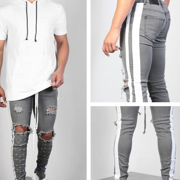 

autumn fashion knee hole side zipper slim distressed jeans men ripped hip hop gray jeans for men stripe pants, Blue