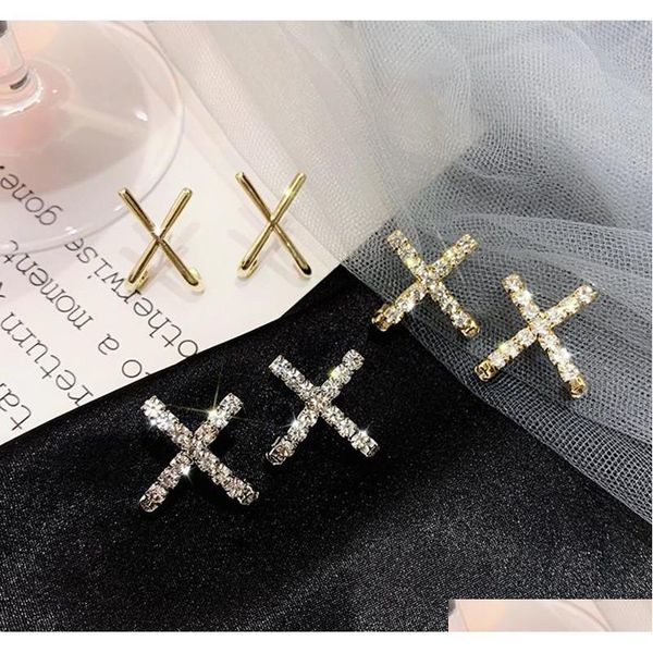 

luxury cross earrings studs women rhinestone diamond earring earrings personality simple crystal earrings 925 silver needle 3xooi, Golden