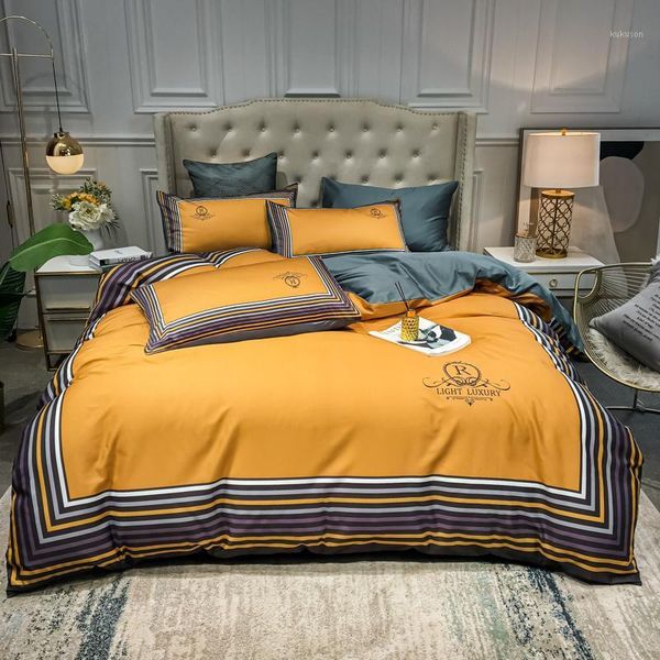 

new 100% cotton bedding set yellow duvet cover flat sheet  size bed linen pillowcase for adults bed set 4pcs1